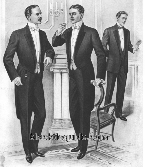 Take in the entire White Tie attire, but notice all three men's hair, 1906. Image courtesy of Button Down Services, Inc.