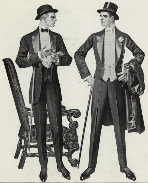 The man on the right illustrates the 'winged' collar in his White Tie formal wear, 1912. Image courtesy of Button Down Services, Inc. 